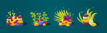 Fantasy Sea Plants with Corals and Stones on Ocean Bottom Vector Setのイラスト素材