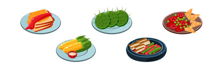 Bright Mexican Food and Dish Served on Plate Vector Setのイラスト素材