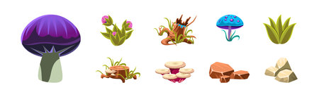 Fantasy Landscape Elements and Plants Vector Setのイラスト素材