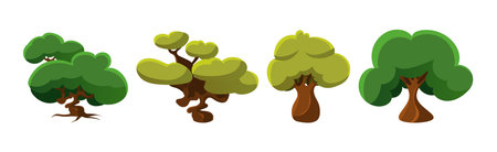 Deciduous Trees with Trunk and Lush Green Crown Vector Set.のイラスト素材