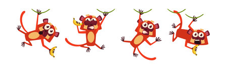 Cute Jungle Monkey Character with Long Tail and Big Eyes Vector Setのイラスト素材