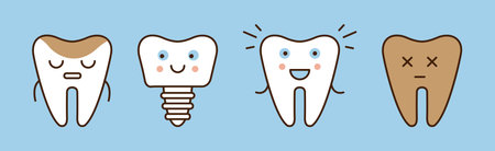 Funny Little Tooth Icon with Face on Blue Background Vector Setのイラスト素材