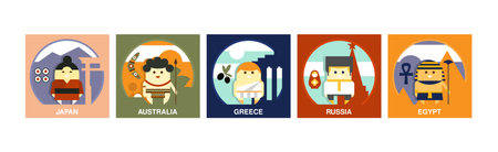 Different Country Citizen Icon with Funny Man in Traditional Dress Vector Setのイラスト素材