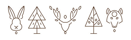 Forest Line Icon and Object as Nature Park Area Vector Setのイラスト素材