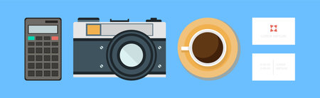 Office Object and Business Workflow Items on Blue Background Vector Setのイラスト素材