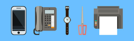 Office Object and Business Workflow Items on Blue Background Vector Setのイラスト素材