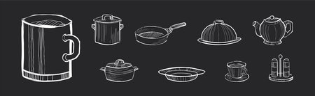 Kitchen Utensil for Food Cooking on Black Background Vector Setのイラスト素材