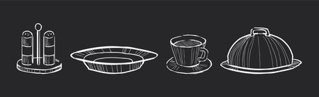 Kitchen Utensil for Food Cooking on Black Background Vector Setのイラスト素材