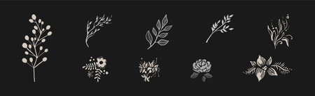 Blooming Flora with Flower Silhouette on Black Background Vector Setのイラスト素材