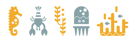 Sea and Marine Fauna Flat Icon and Pictogram Vector Setのイラスト素材