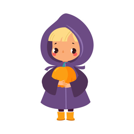 Happy Girl Character at Halloween Party Celebration Costume with Pumpkin Vector Illustrationのイラスト素材