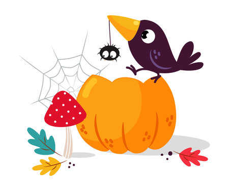 Halloween with Orange Pumpkin with Spider and Raven Vector Illustrationのイラスト素材
