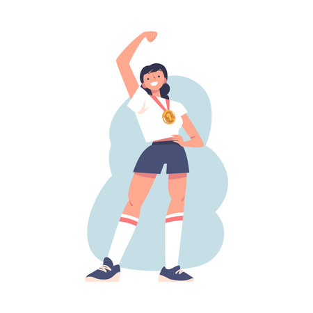 Smiling Woman Winner with Golden Medal Vector Illustrationのイラスト素材