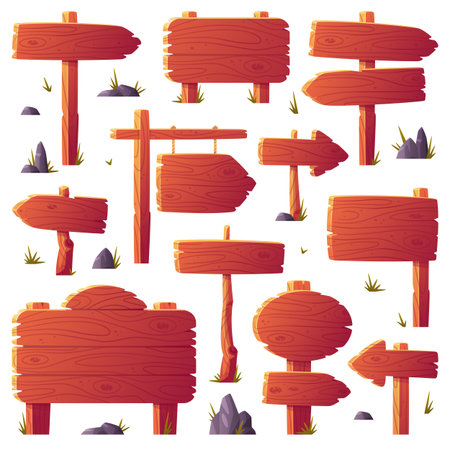 Wooden Pointer and Board on Pole Showing Direction or Information Vector Setのイラスト素材