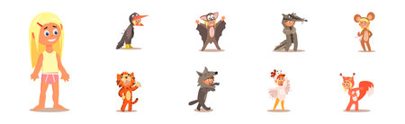 Cute Kids Wearing Animal Costumes and Outfit Vector Setのイラスト素材
