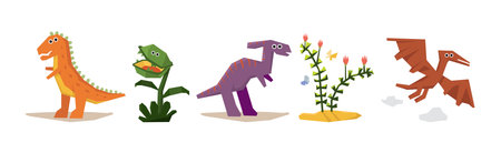 Funny Dinosaur Animal as Prehistoric Wild Beast Vector Setのイラスト素材