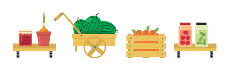 Harvest with Fresh and Ripe Organic Food and Product Vector Setのイラスト素材