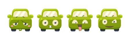 Cute Green Car Cartoon Character Showing Different Emotion Vector Setのイラスト素材