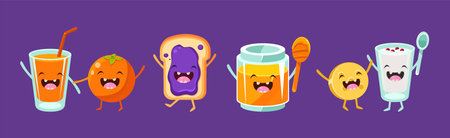 Funny Food Character with Happy Smiling Faces Vector Setのイラスト素材