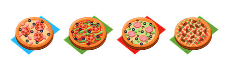 Italian Pizza Round Baked Pastry with Topping Vector Setのイラスト素材