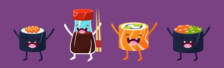 Cute Sushi and Rolls Kawaii Character with Smiling Face Vector Setのイラスト素材
