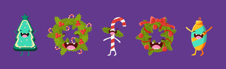Christmas Festive Elements with Funny Smiling Face Vector Setのイラスト素材