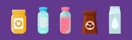 Foodstuff Icon and Different Product on Purple Background Vector Set