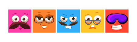 Funny Colorful Square Emoji Faces and Comic Avatars Vector Setのイラスト素材