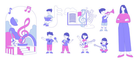 Woman Teacher and Children Having Musical Education Lesson with Instrument Playing and Singing Vector Setのイラスト素材
