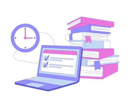 Online Education with Laptop and Pile of Books Vector Illustrationのイラスト素材