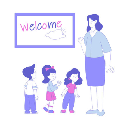 Smiling Woman Teacher Welcome Little Boy and Girl First Grader Standing Vector Illustrationのイラスト素材