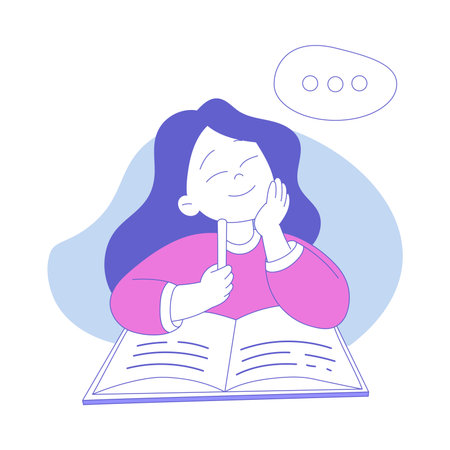 Smiling Girl First Grader Sitting at Desk with Copybook and Pen Thinking Vector Illustrationのイラスト素材