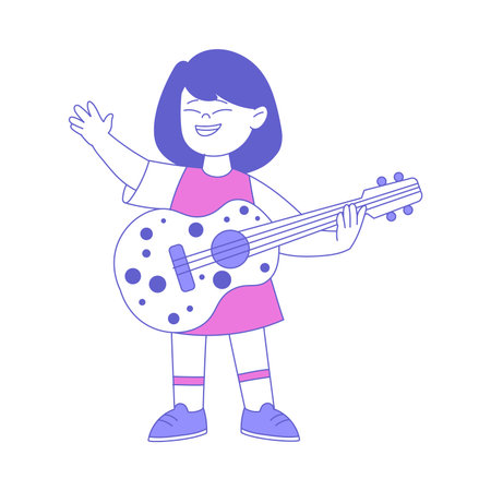 Smiling Girl Pupil Character at Music Lesson Playing Guitar Vector Illustrationのイラスト素材