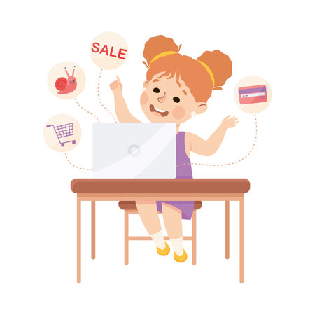Little Girl Sitting at Laptop Making Purchase and Shopping Online Using Smart Technology Vector Illustrationのイラスト素材