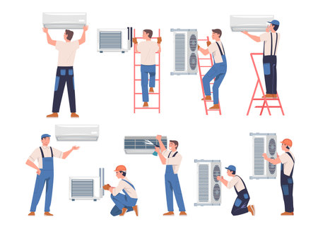 Man Character Install Ventilation and Air Conditioner Vector Setのイラスト素材