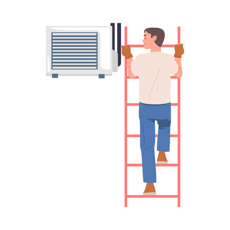 Man Character on Ladder Fix and Repair Ventilation and Air Conditioner Vector Illustrationのイラスト素材