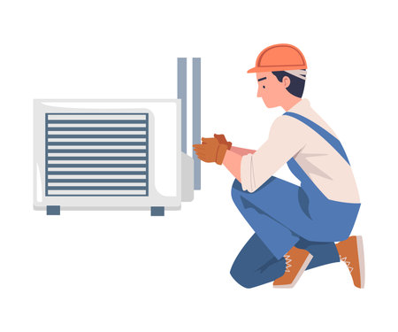 Man Character in Helmet and Overall Fix and Repair Ventilation and Air Conditioner Vector Illustrationのイラスト素材