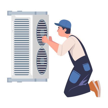 Man Character in Overall Fix and Repair Ventilation and Air Conditioner Vector Illustrationのイラスト素材