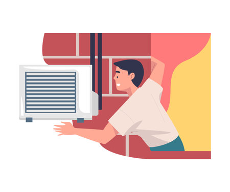 Man Character Fix and Repair Ventilation and Air Conditioner Vector Illustrationのイラスト素材