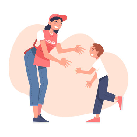 Woman Volunteer Character Meeting Little Boy with Welcome Hand Gesture Vector Illustrationのイラスト素材