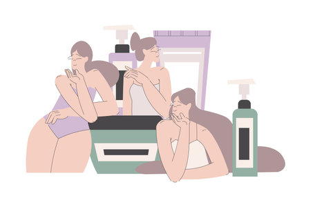 Beauty Care with Young Woman at Cream and Lotion Jar and Bottle Vector Illustrationのイラスト素材
