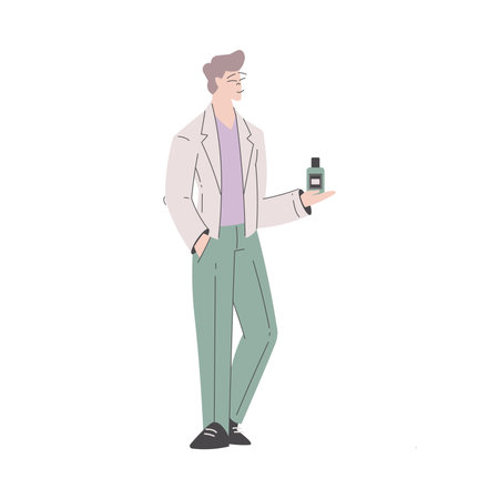 Beauty Care with Young Man Standing with Lotion Bottle Vector Illustrationのイラスト素材