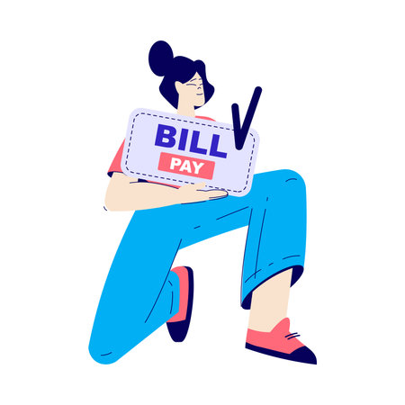 Bill Pay with Woman Character with Signboard Vector Illustrationのイラスト素材