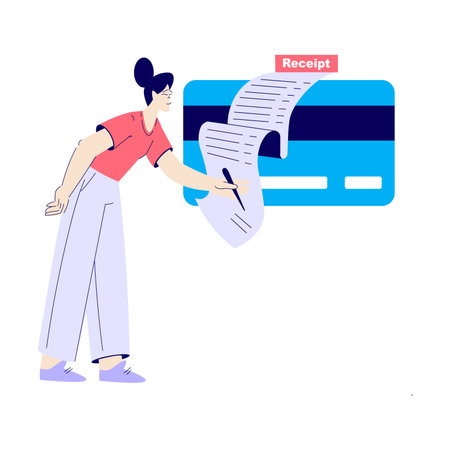 Bill Pay with Woman Character Sign Paper Document Vector Illustrationのイラスト素材