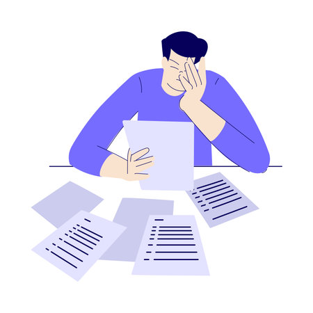 Bill Pay with Sad Man Character Sitting with Paper Receipt Vector Illustrationのイラスト素材