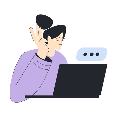 Business with Young Woman Character at Laptop Have Meeting or Conference Vector Illustrationのイラスト素材