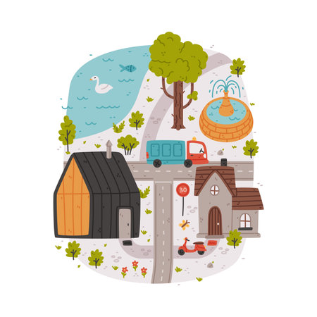 Naive City Map with Cartoon Road, Car and House Vector Illustrationのイラスト素材
