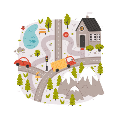 Naive City Map with Cartoon Road, Car and House Vector Illustrationのイラスト素材