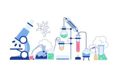 Chemistry with Microscope and Liquid Substance in Glass Flask Vector Illustrationのイラスト素材