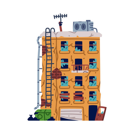 Destroyed Building after War or Earthquake Vector Illustrationのイラスト素材